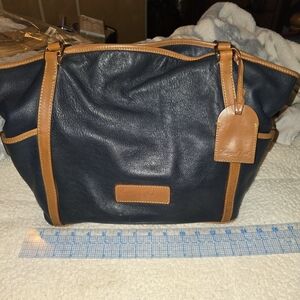 Elegant Navy and Tan Leather Medium Tote Bag By Dooney & Bourke